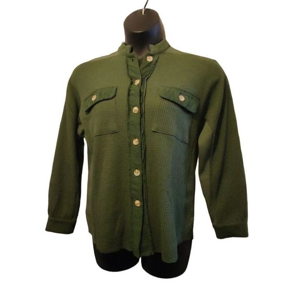 Waffle Knit Shaket Button Down Multi Media Boyfriend Shirt Jacket Button Down Lo - Picture 2 of 5